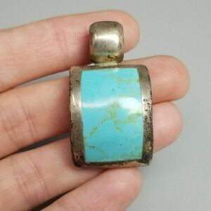 Vintage Mexican Sterling Silver Blue Turquoise Pendant, Curved Shape, Mexico